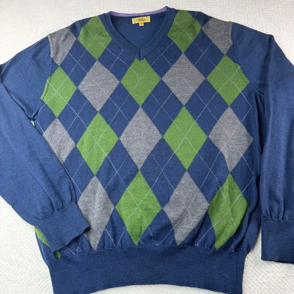 Vintage Paul Stuart Italy Extrafine Merino Wool Argyle V-Neck Sweater Blue L